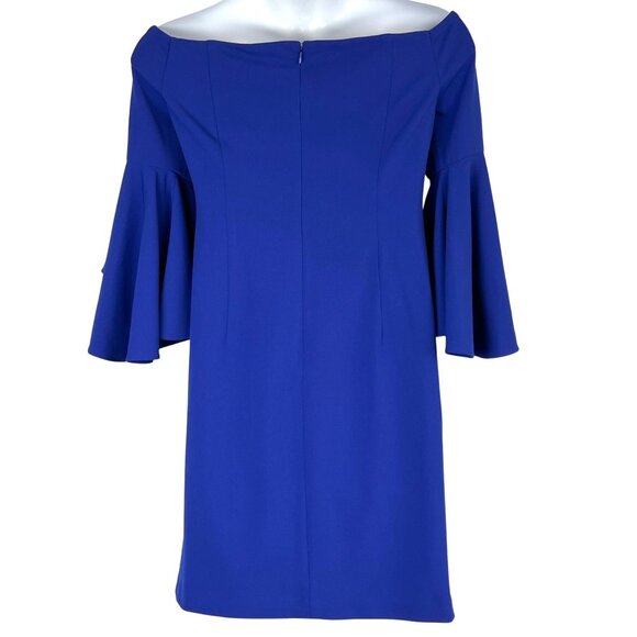 Calvin Klein Off-Shoulder Sheath Blue Dress Size 14 Ruffled 3/4 Sleeves EUC - Picture 8 of 14